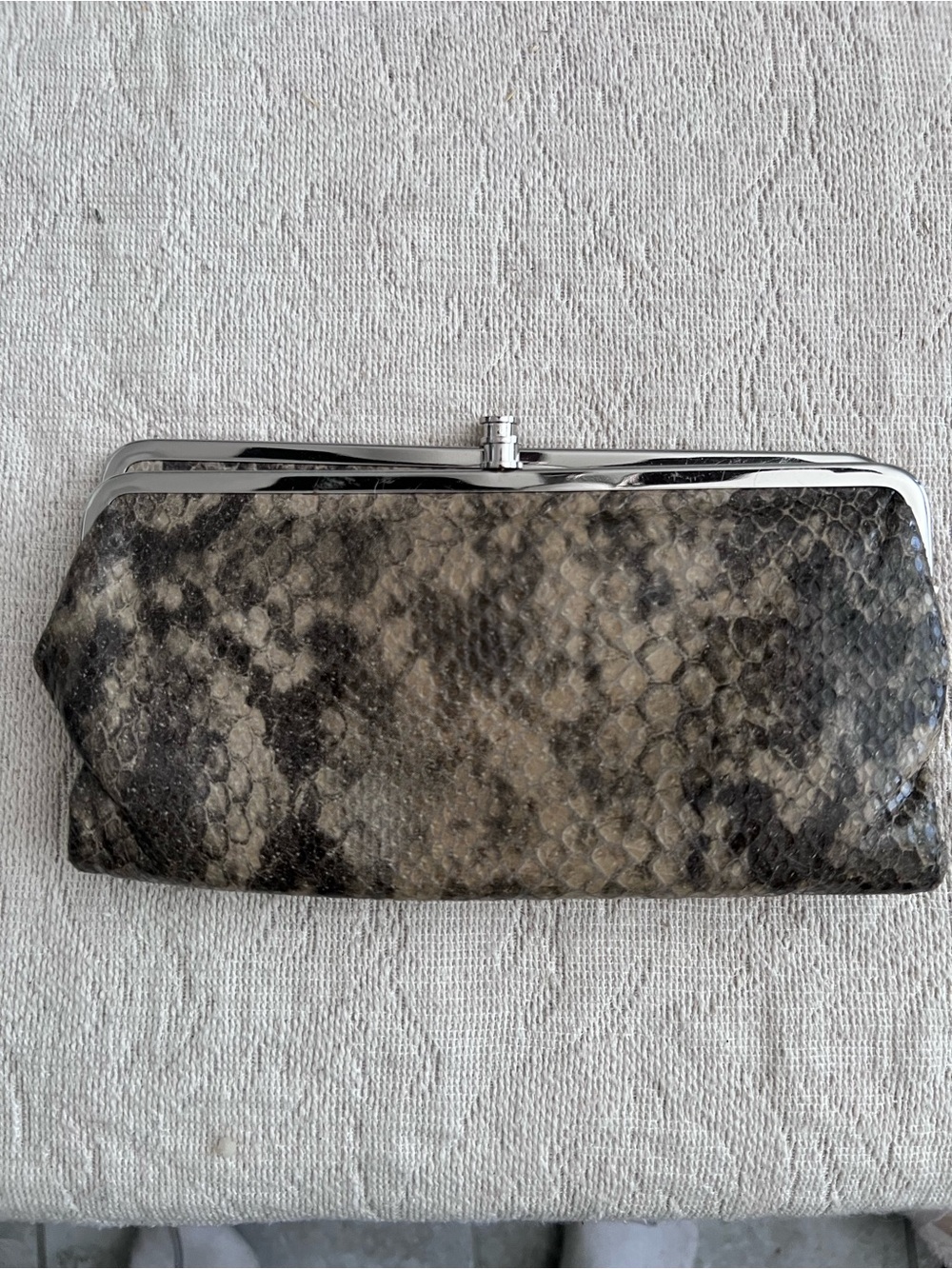 HOBO Lauren clutch wallet silver snake skin textured zip wallet. Very cool